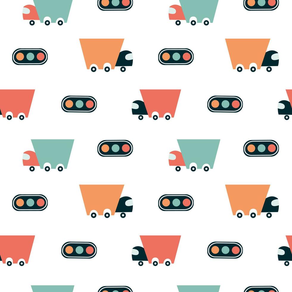 child truck pattern. Seamless background with cute lorry and traffic lights. Minimalistic design. Vector illustration, hand-drawn