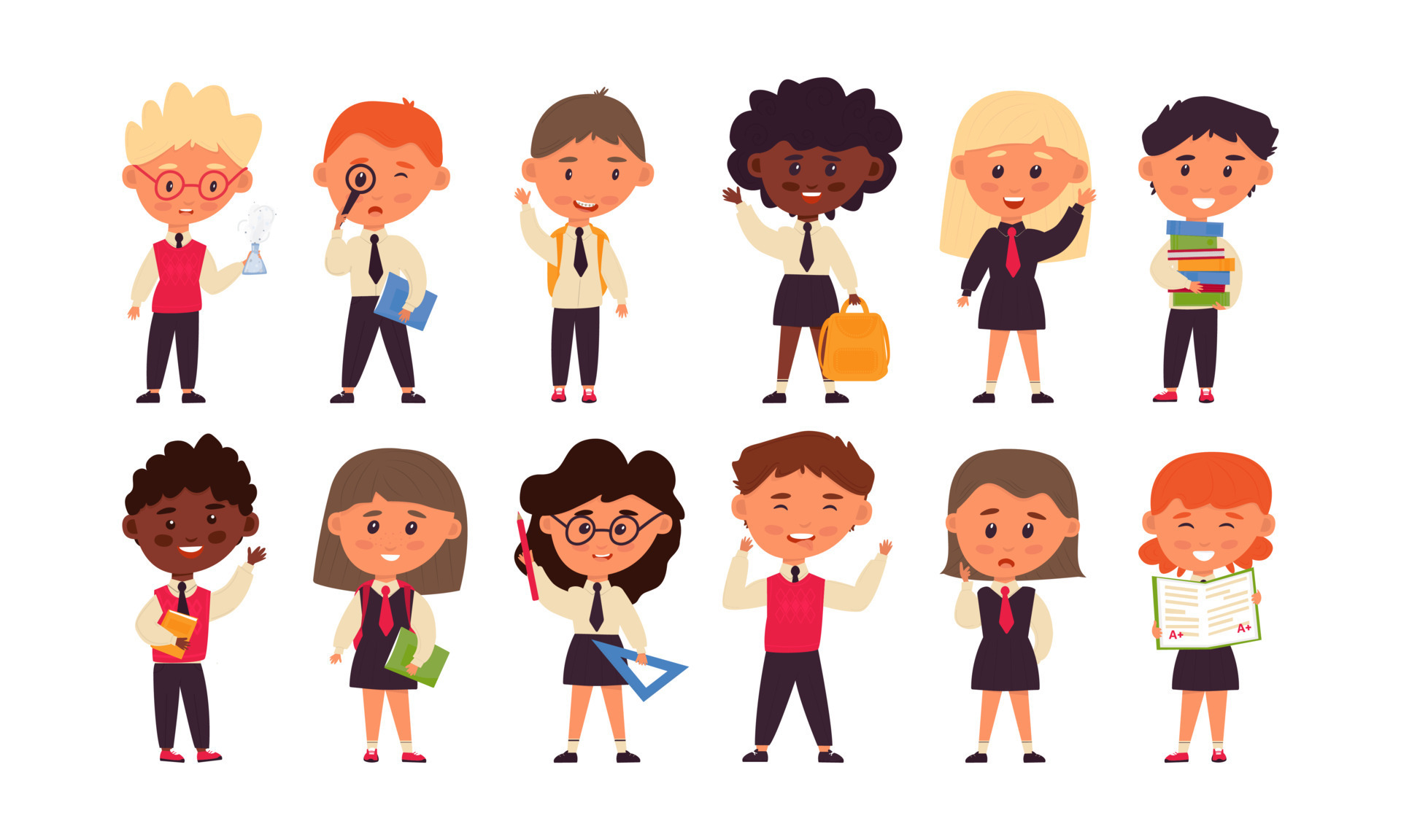 set of 12 students. Cute cartoon characters. Boys and girls in school  uniforms. Back to school. Vector illustration, flat 7802604 Vector Art at  Vecteezy