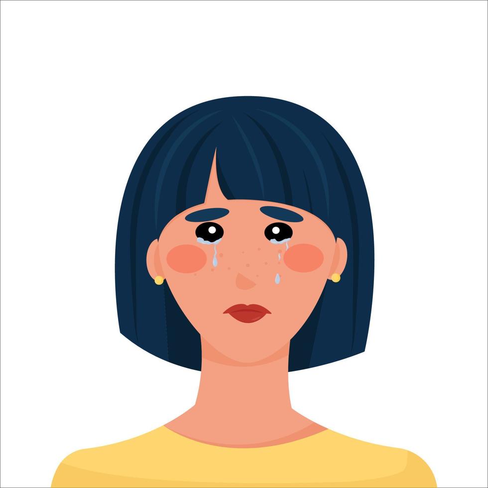 crying girl portrait. Upset brunette avatar. Universal design for blogging, articles. Vector illustration, flat