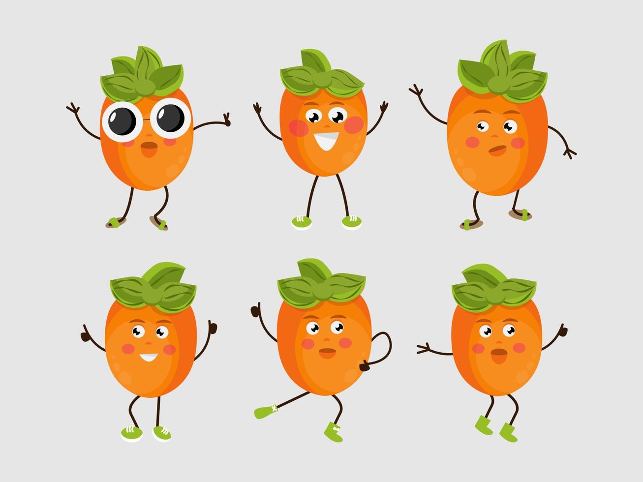 conjunto de imágenes aisladas de caquis. dibujos animados de frutas saltando, bailando, levantando las manos. personajes lindos y divertidos, varias emociones. ilustración vectorial vector