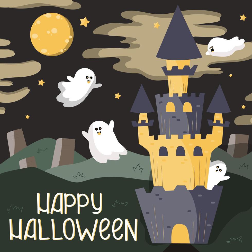 Postcard for the celebration of Halloween. Ghosts fly near the castle in the middle of the cemetery. There is a full moon and stars in the sky. vector illustration, cartoon style
