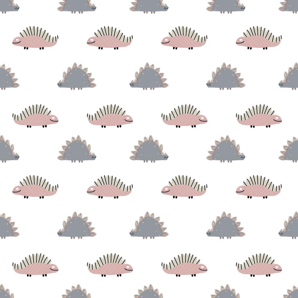 Cute baby pattern with dinosaurs. Seamless background in Scandinavian style. Endless printing on fabric, children's textiles, digital paper. Vector illustration, hand drawn