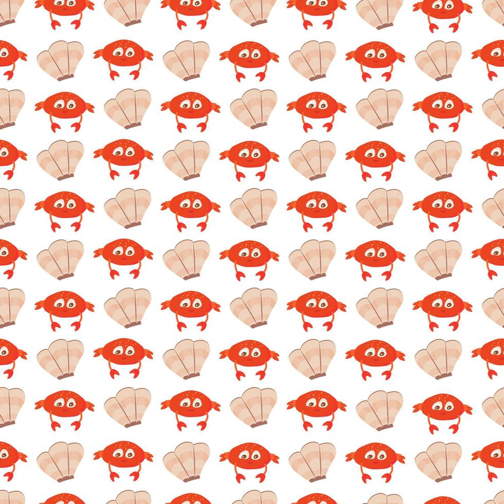 crab and seashell pattern. Cute cartoon print for baby textiles and beach products. Background with marine life. Vector illustration, flat