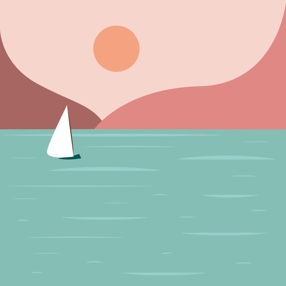 Minimalistic seascape. Image of sailing boat against background of mountains. Cruise. Fashionable boho print. Background for printing on T-shirts, packaging of goods. Vector illustration, hand-draw