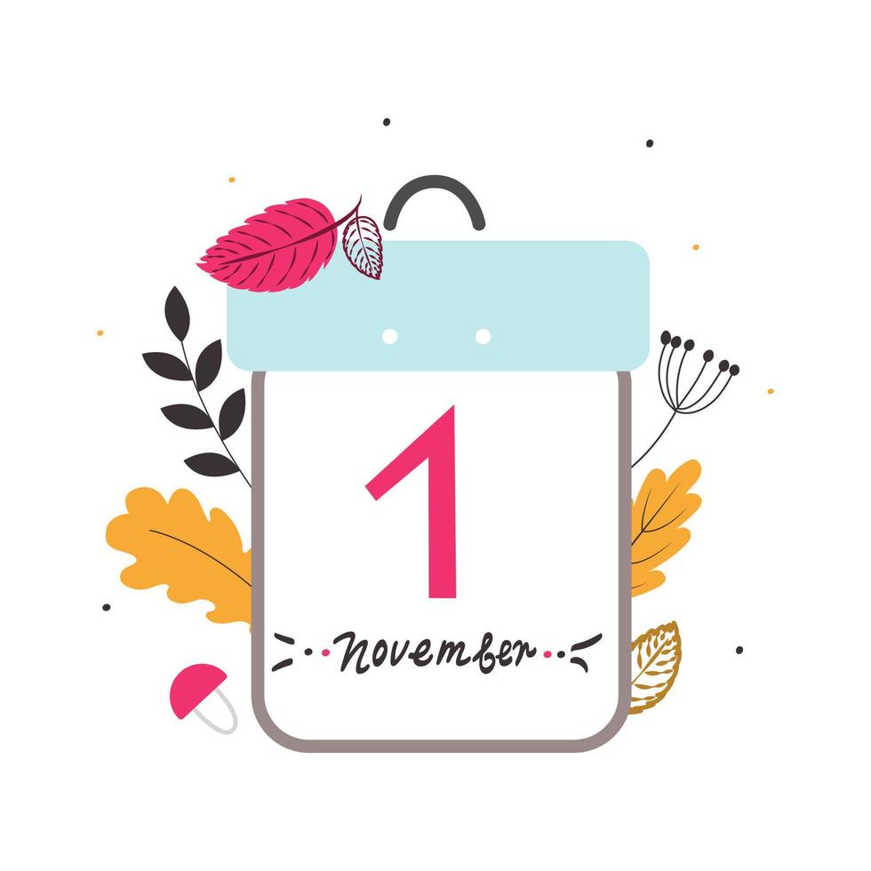 1st November calendar. stylish concept beginning autumn month. On background stylized leaves, branches, mushrooms and berries. Vector illustration, hand-drawn