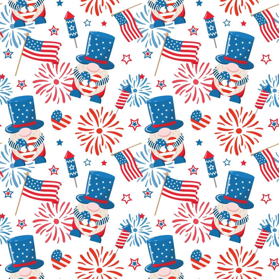 4th of July patriotic gnomes with fireworks, American flags, hearts. Vector seamless pattern. Isolated on white background. Cute design for digital paper, background.