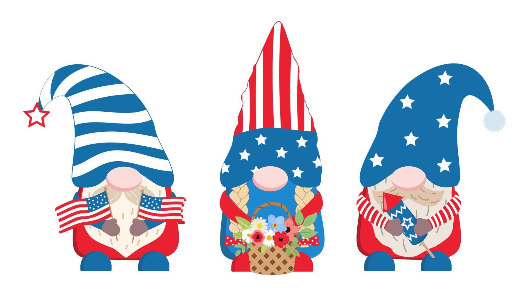 4 de julio grupo de gnomos, gnomos de la fiesta del día patriótico americano en los colores de la bandera de estados unidos con flores, fuegos artificiales, banderas en las manos para la fiesta del día de la independencia. ilustración vectorial vector