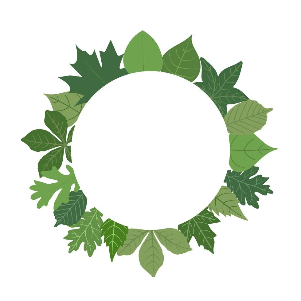 Forest green foliage round border frame. Greenery circle greeting card with place for text. Template for invitation card with forest leaves. Vector illustration