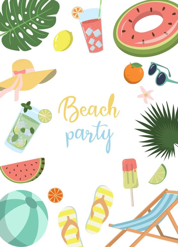 Cartoon summer party invitation card design template with cold drinks, sling chair, hat, ball and etc. Isolated on white background. Illustration for banner, flyer, invitation, poster. vector