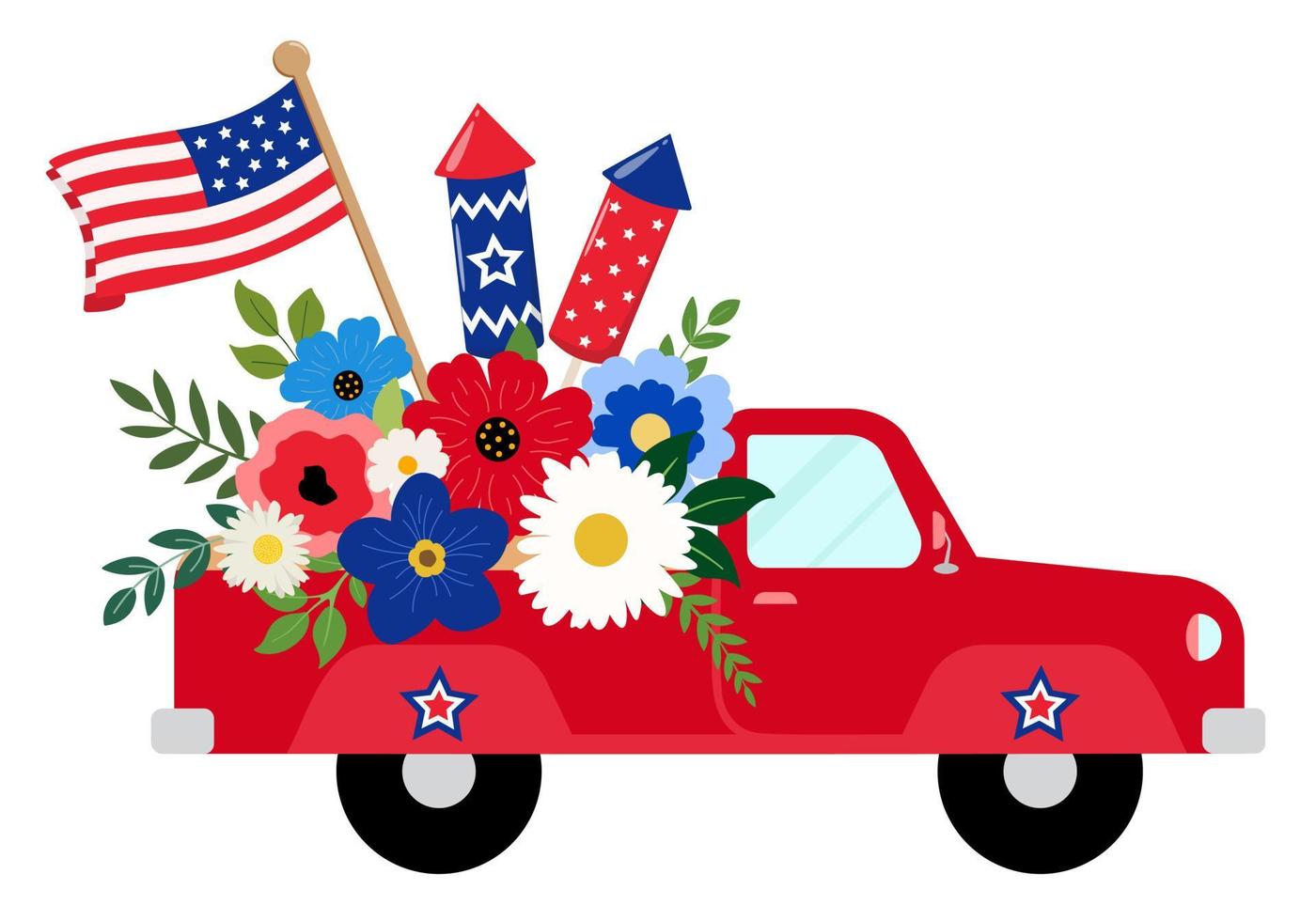 Patriotic red floral truck with holiday crackers and US flag illustration. Isolated on white background. 4th of July themed festive card design. vector