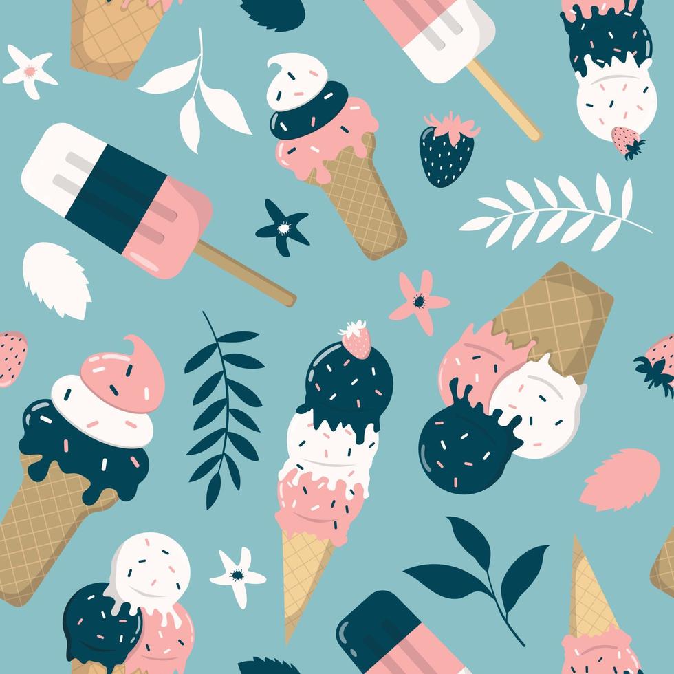 Cartoon summer sweet dessert, ice cream, leaves seamless pattern in pastel colors on blue background. Design with frozen creamy desserts, waffles cones. vector