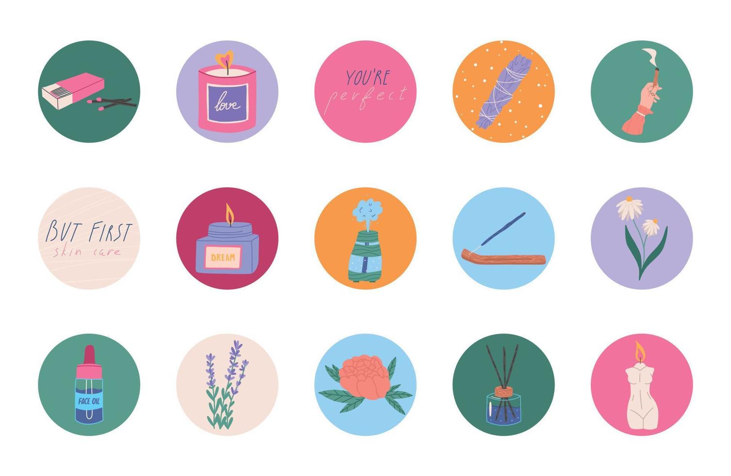 Set of trendy stationery stickers with bright candles, flowers and girly elements - flat vector illustration on white. Collection of self care prints for diaries and calendars.