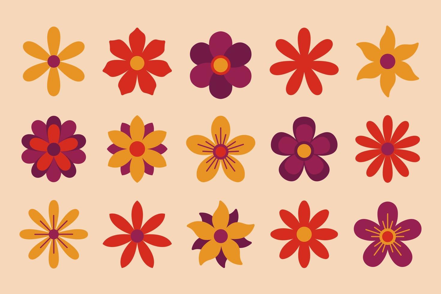 Retro 70s colorful vintage flowers. Geometric hippie floral collection. vector
