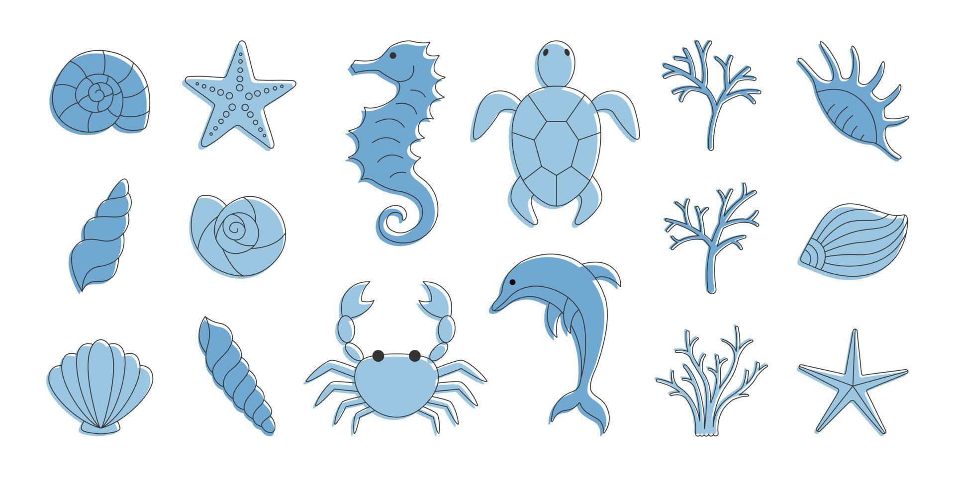 Set of different sea elements - shells, starfish, seahorse, turtle, crab, dolphin, corals. vector