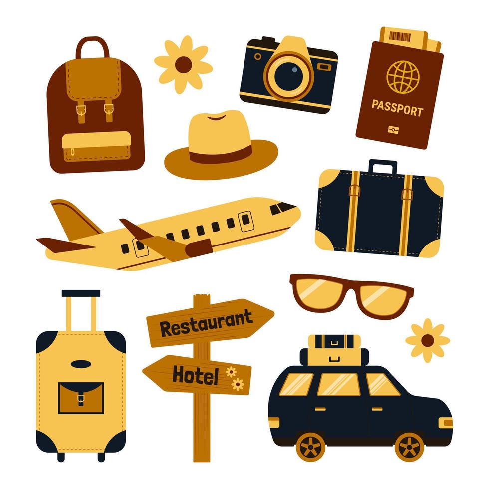 Set of travel vector illustration - plane, car, passport, glasses, backpack, hat, camera, suitcase. Summer Season Travel Trip.