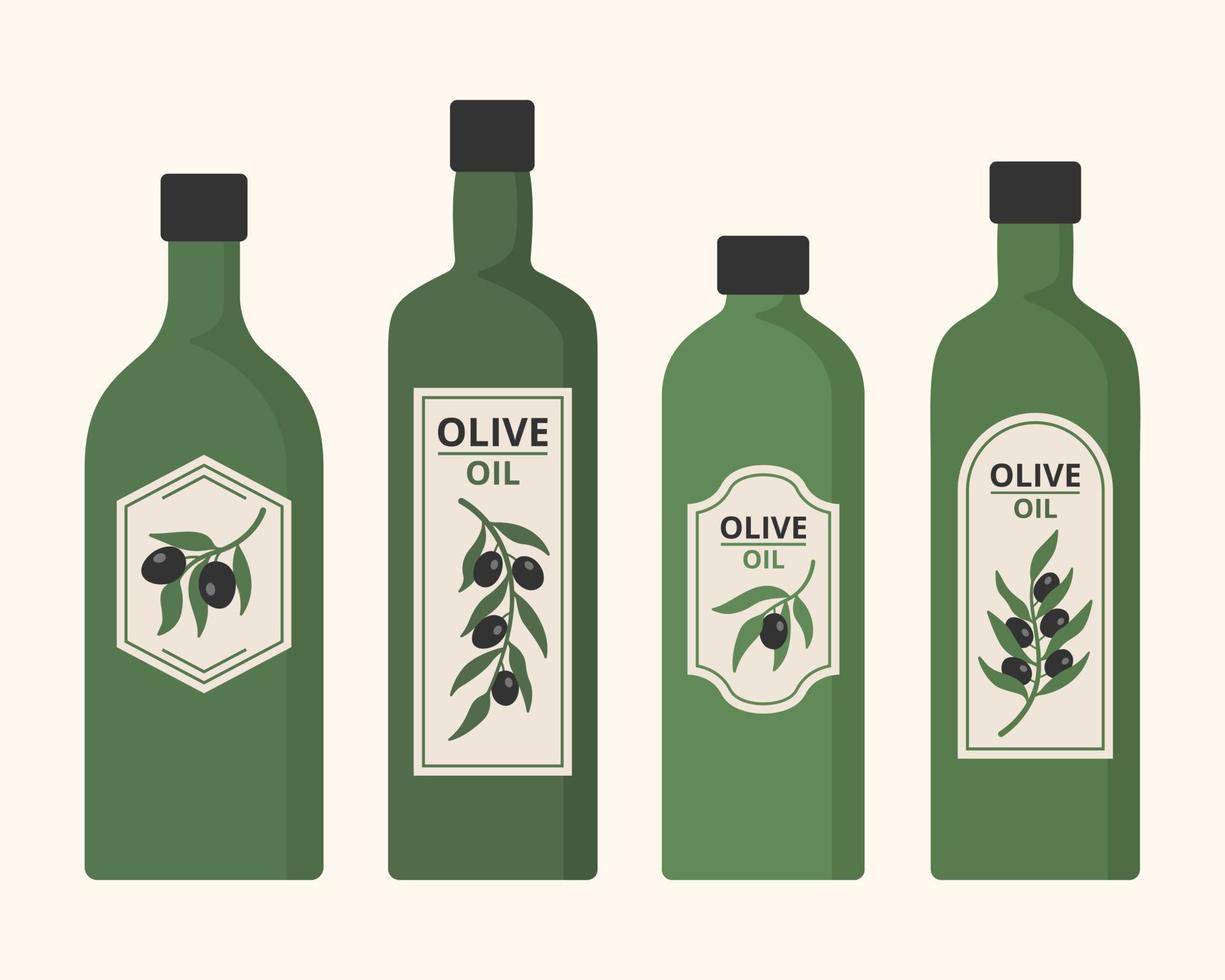 botellas de aceite de oliva minimalistas con ramas de olivo negro en colores pastel. vector