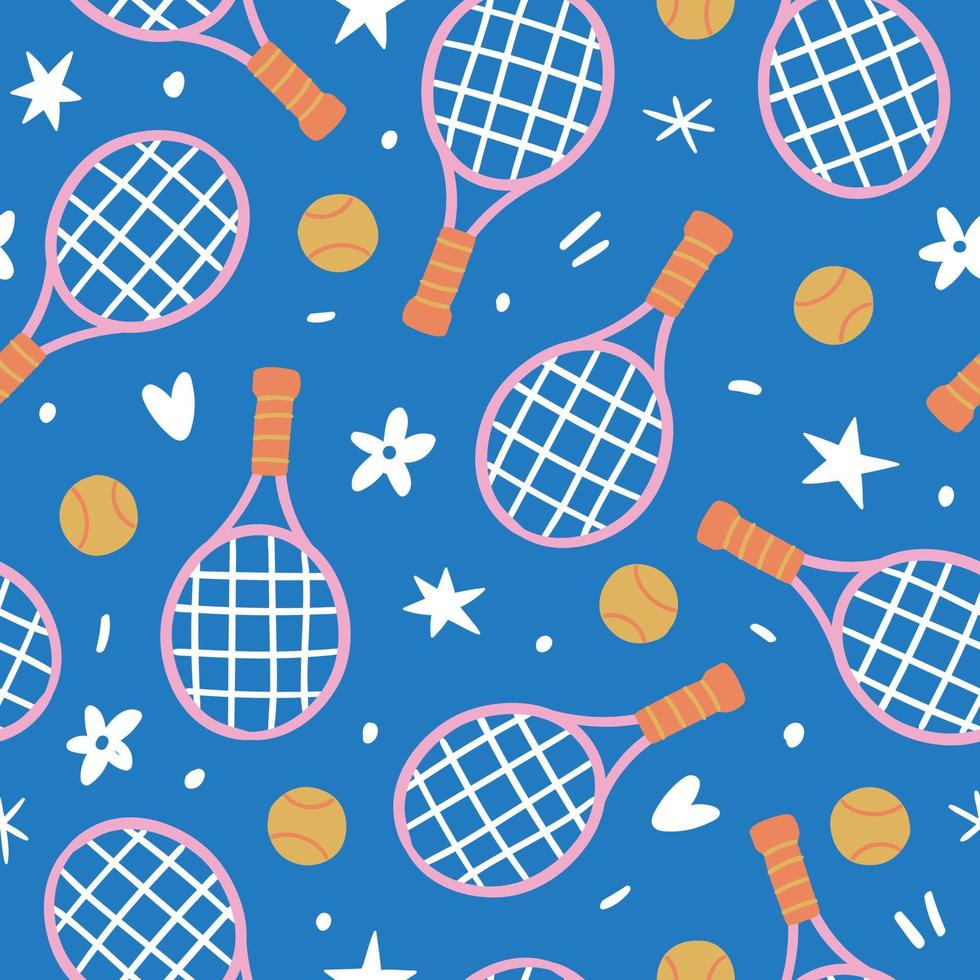 Tennis pattern. Tennis seamless pattern. Sports pattern. Blue pattern. Handdrawn pattern. Racket pattern. Tennis bckground. Racket background. vector