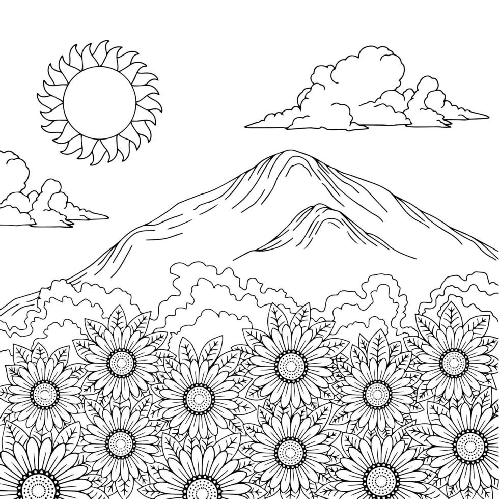 contorno vectorial página para colorear paisaje de verano con flor de sol vector