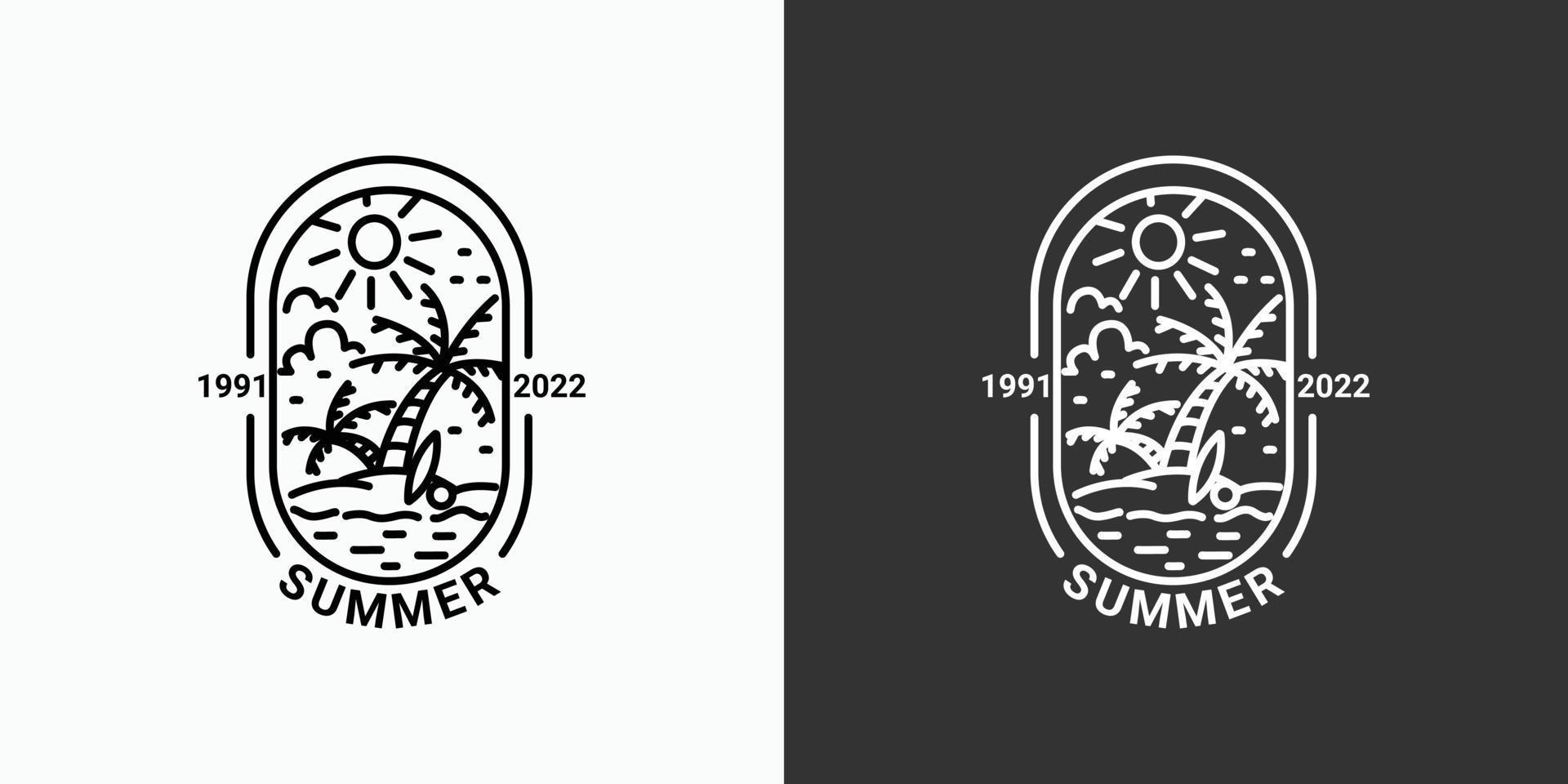 Simple summer logo with lines, beach icon in a minimal linear style, available in black and white, coconut tree, sea, sun vector