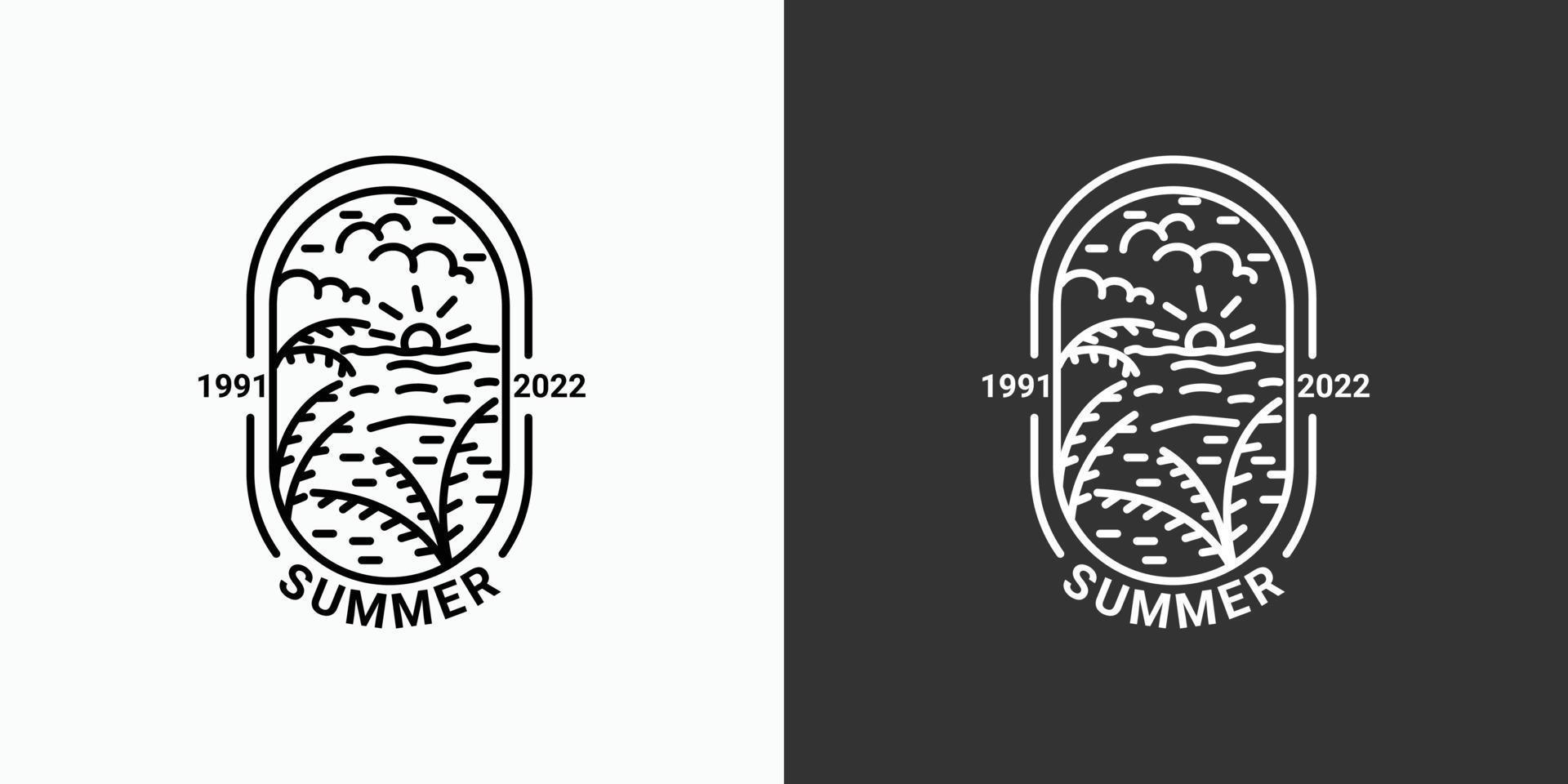 Simple summer logo with lines, beach icon in a minimal linear style, available in black and white, coconut tree, sea, sun vector