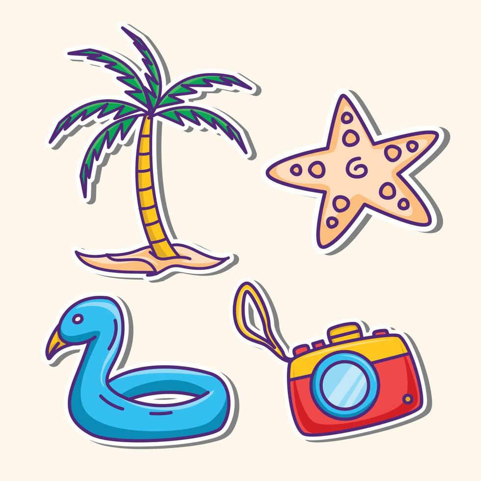 bonito juego de pegatinas de verano, colección de pegatinas de vacaciones tropicales, bonito paquete de iconos de garabatos de vacaciones de verano vector