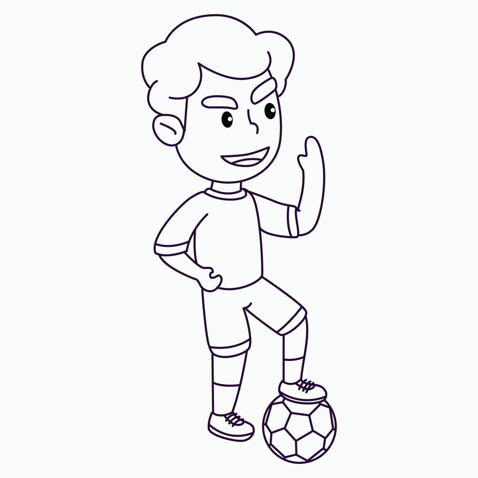 Coloring page cute boy playing soccer, happy boy kicking the ball, cartoon vector illustration