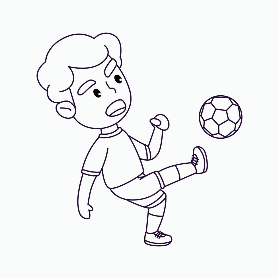 Coloring page cute boy playing soccer, happy boy kicking the ball, cartoon vector illustration