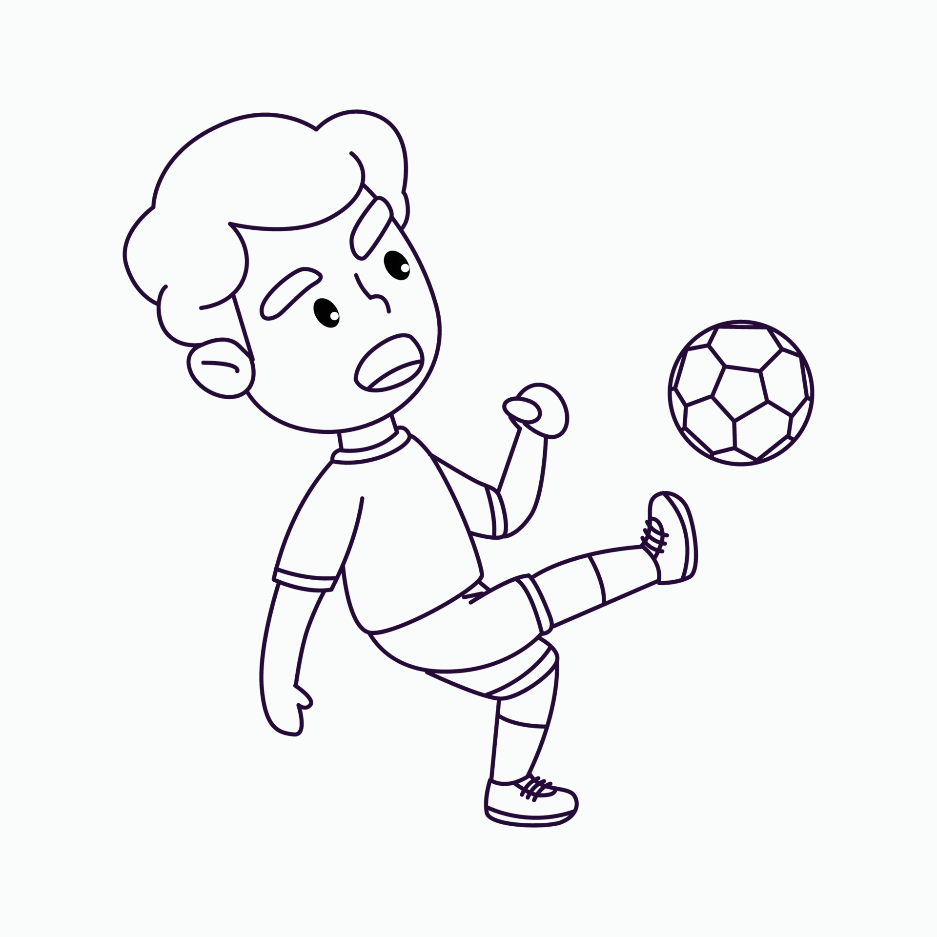 Coloring page cute boy playing soccer, happy boy kicking the ball