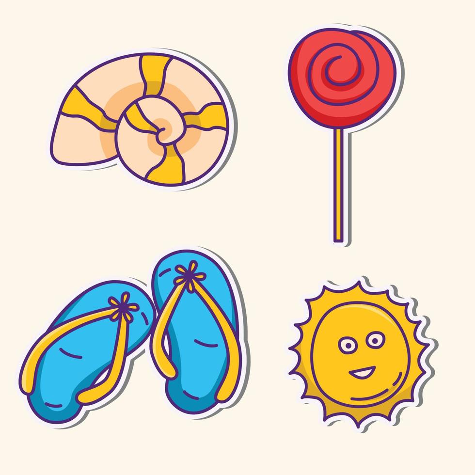 bonito juego de pegatinas de verano, colección de pegatinas de vacaciones tropicales, bonito paquete de iconos de garabatos de vacaciones de verano vector