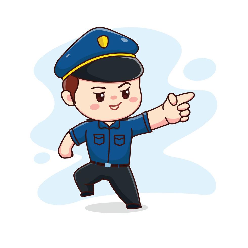 illustration of happy cute policeman with pointing finger kawaii chibi cartoon character design vector