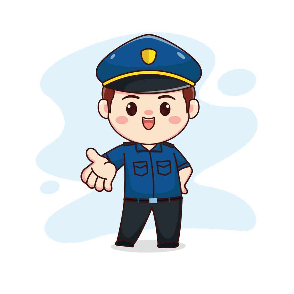 ilustración de feliz lindo policía kawaii chibi diseño de personajes de dibujos animados vector