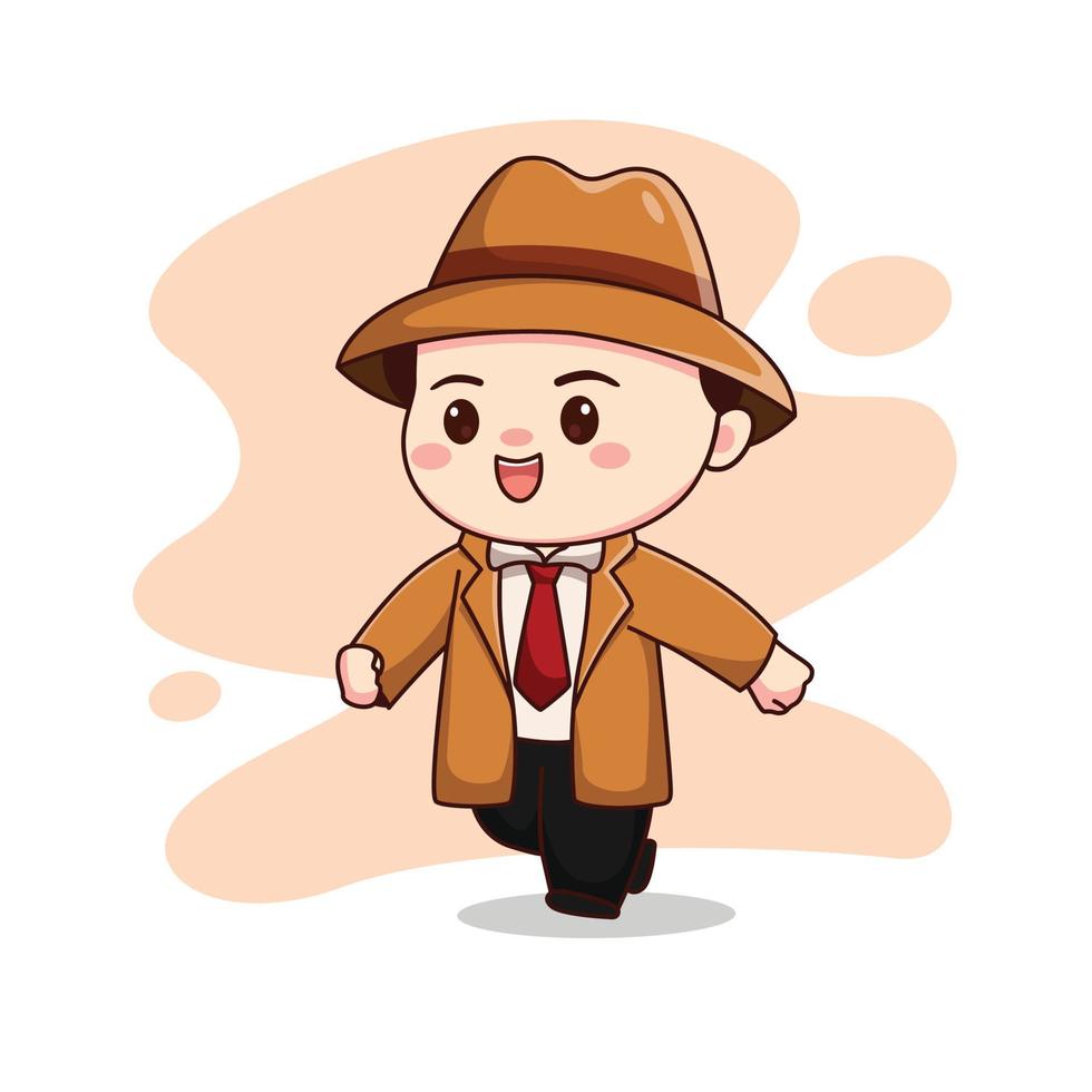 ilustración de un lindo detective corriendo o un hombre vestido con un traje marrón chibi vector