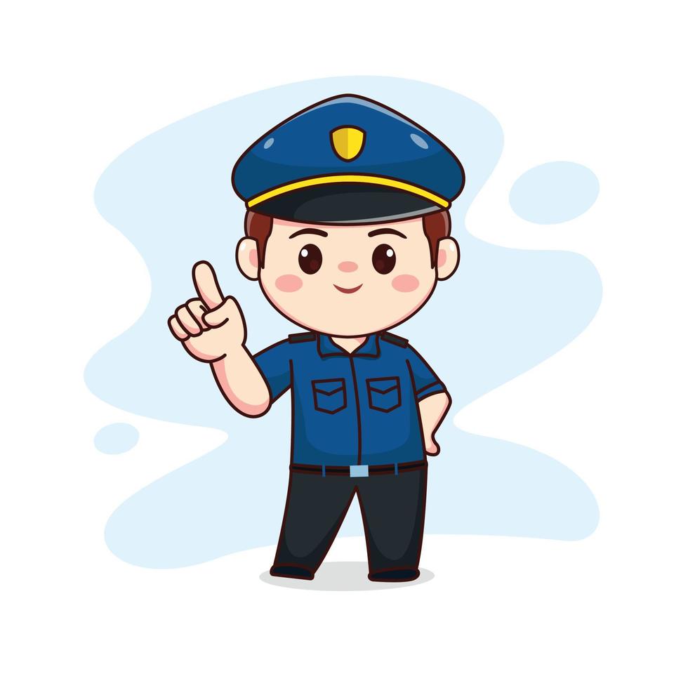 illustration of happy cute policeman with pointing finger kawaii chibi cartoon character design vector