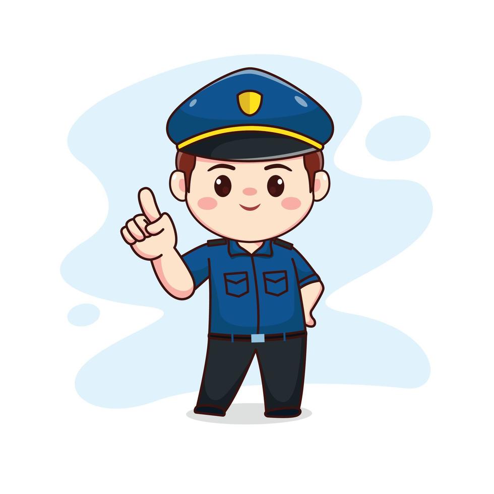 ilustración de un policía lindo feliz con el dedo señalador kawaii chibi diseño de personajes de dibujos animados vector