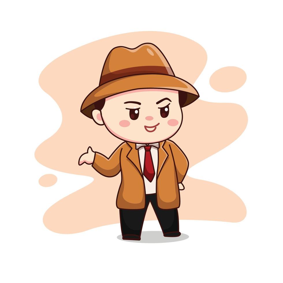 Illustration of cute detective or man wearing brown suit chibi character vector