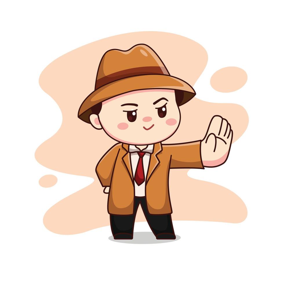 ilustración de lindo detective o hombre vestido con traje marrón con señal de stop kawaii chibi personaje vector