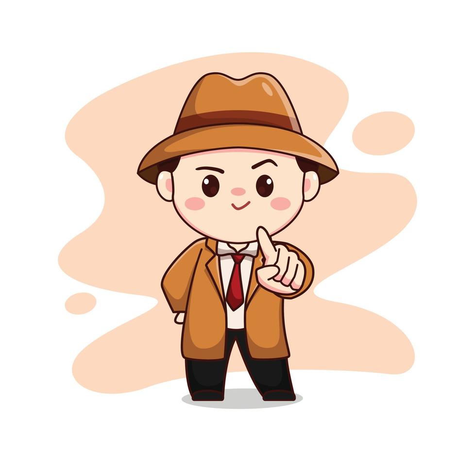 Illustration of cute detective or man wearing brown suit with pointing finger kawaii chibi character vector