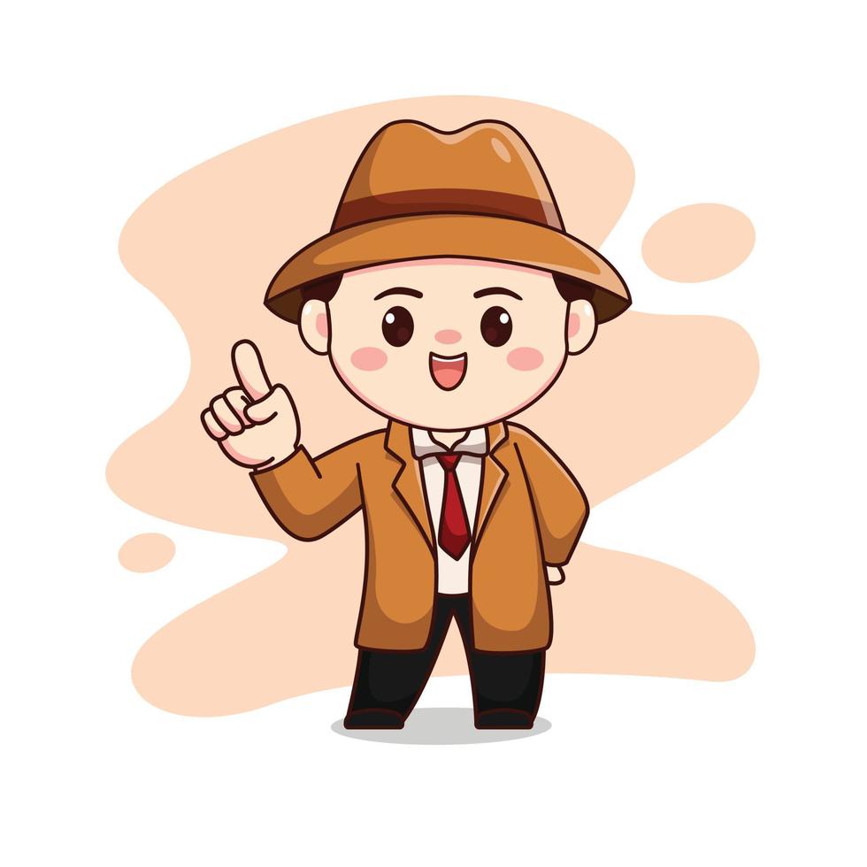 ilustración de un lindo detective o un hombre vestido con traje marrón con el dedo señalador kawaii chibi personaje vector