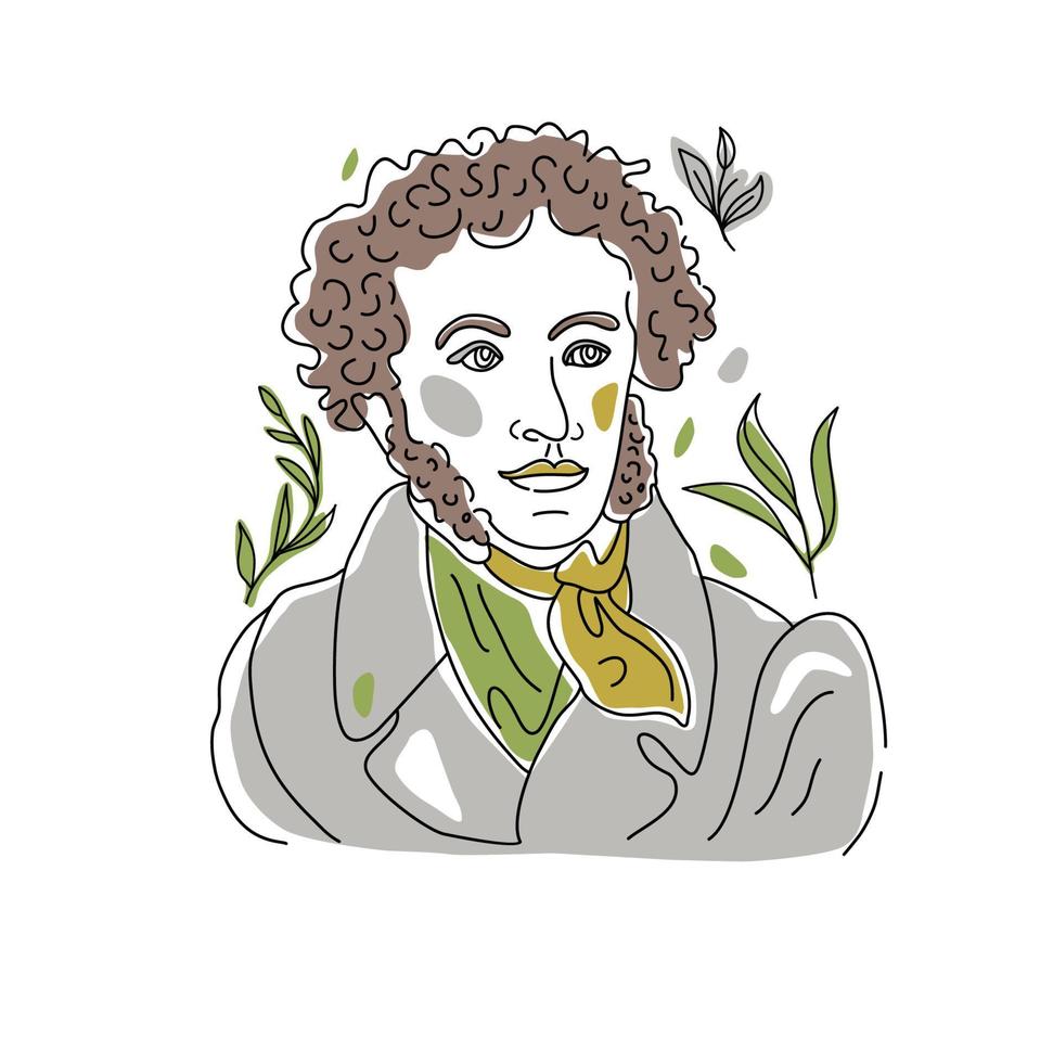 ilustración vectorial moderna alexander sergeyevich pushkin. boceto lineal de retrato moderno de poeta en color con planta vector