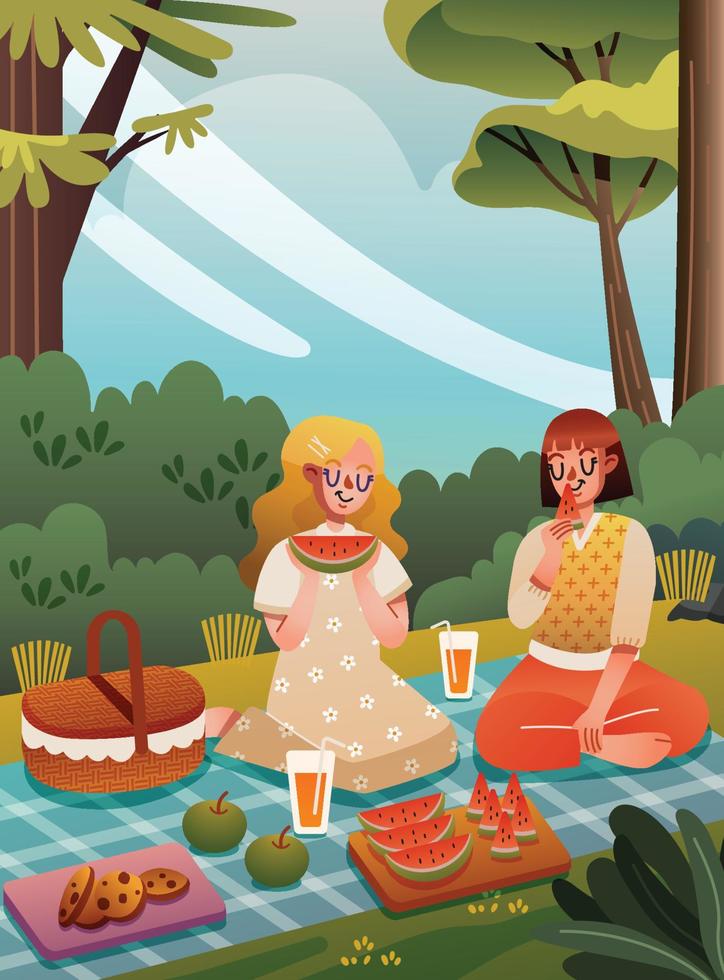 dos chicas disfrutando de un picnic alegre vector