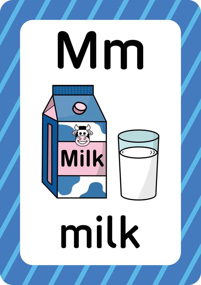 vector de leche aislado sobre fondo blanco letra m flashcard paquete de leche dibujos animados