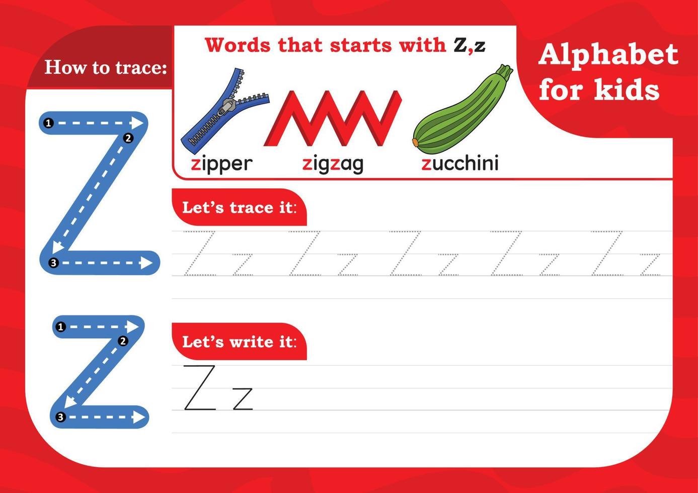 worksheet Letter Z, Alphabet tracing practice Letter Z. Letter Z uppercase and lowercase tracing with Zipper, zigzag and zucchini. Handwriting exercise for kids - Printable worksheet. vector