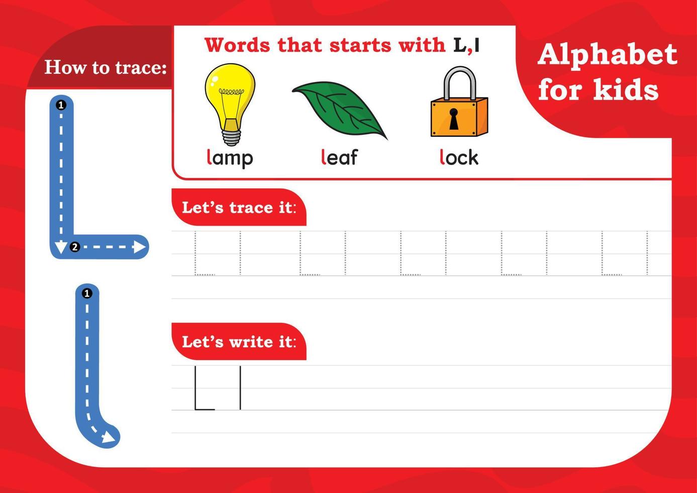 worksheet Letter L, Alphabet tracing practice Letter L. Letter L uppercase and lowercase tracing with Lamp, Leaf and Lock. Handwriting exercise for kids - Printable worksheet. vector