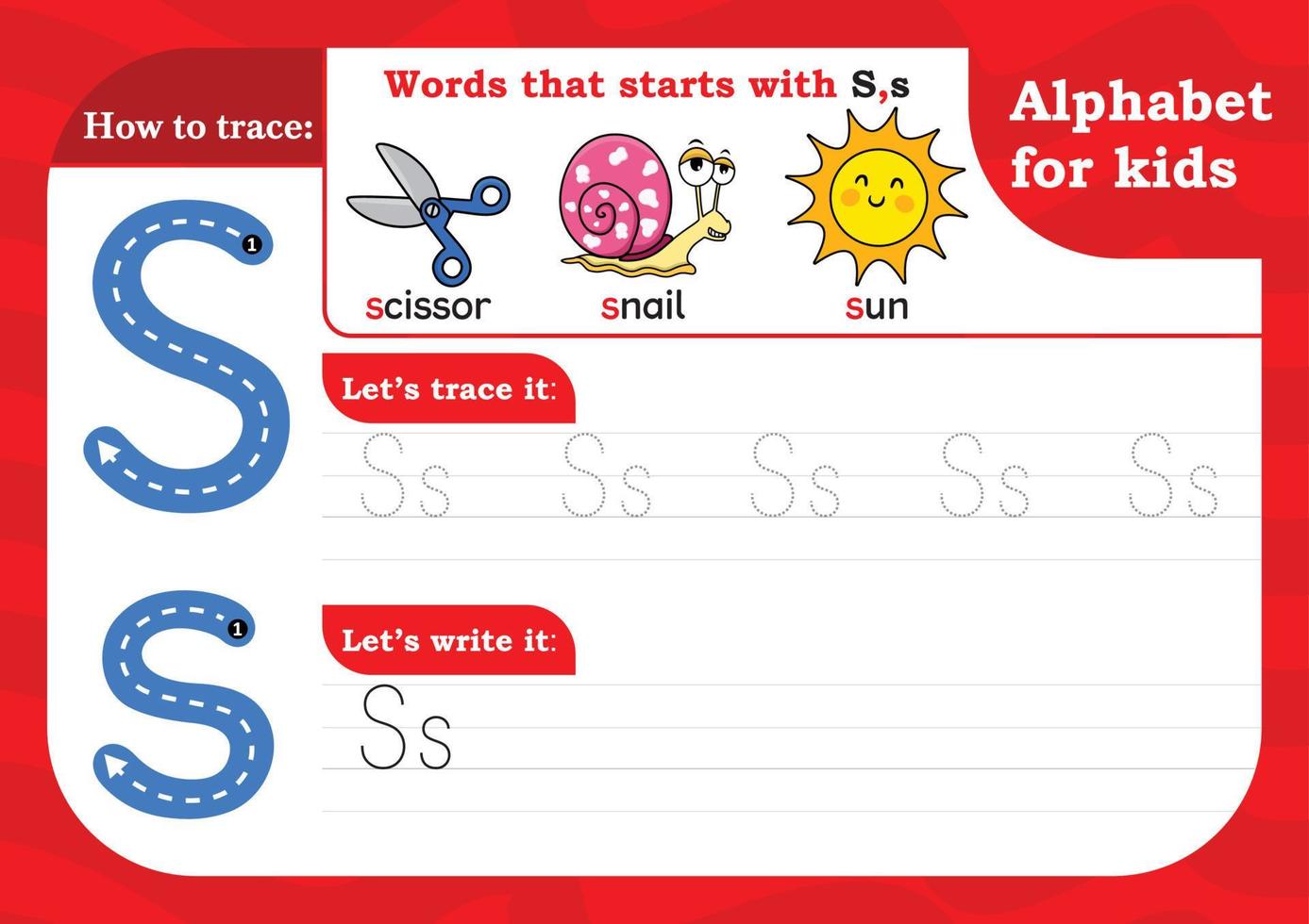 worksheet Letter S, Alphabet tracing practice Letter S. Letter S uppercase and lowercase tracing with Scissor, Snail and Sun. Handwriting exercise for kids - Printable worksheet. vector