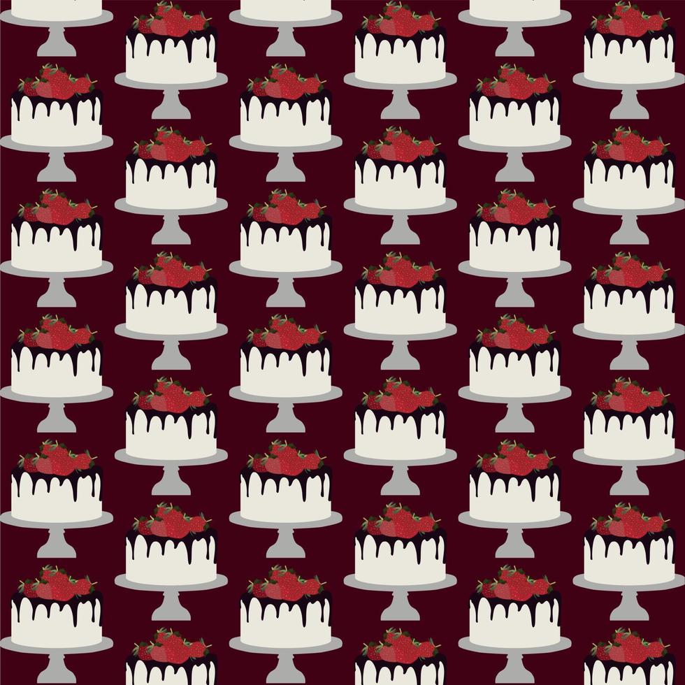 Vector seamless pattern with strawberry and chocolate cakes. Sweet candy and cookie holiday background for birthday party.