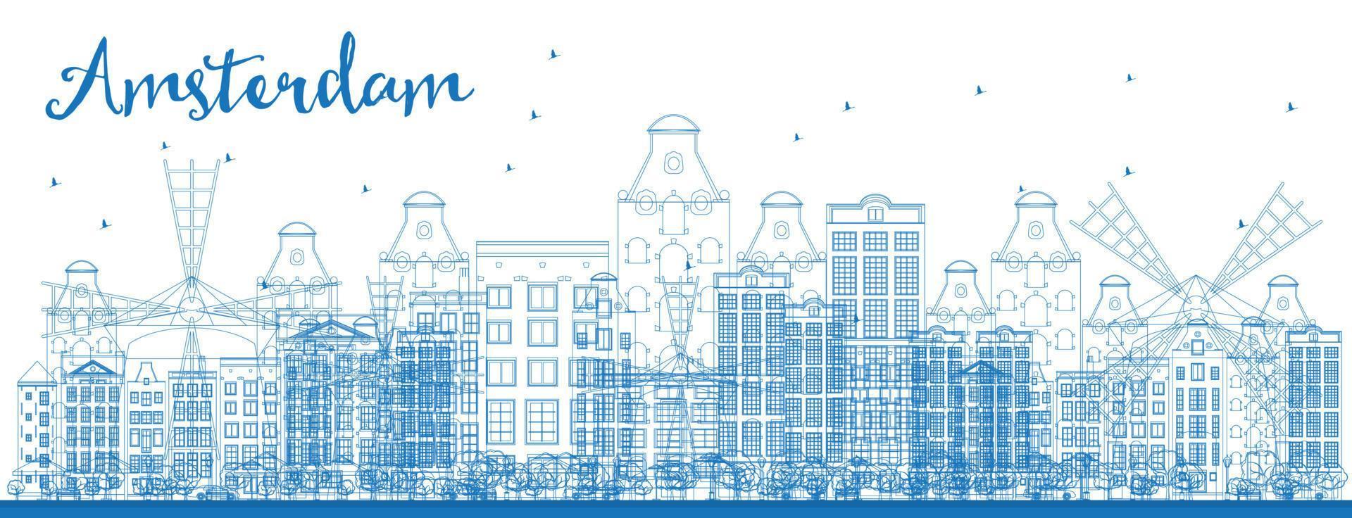 Outline Amsterdam city skyline with blue buildings. vector