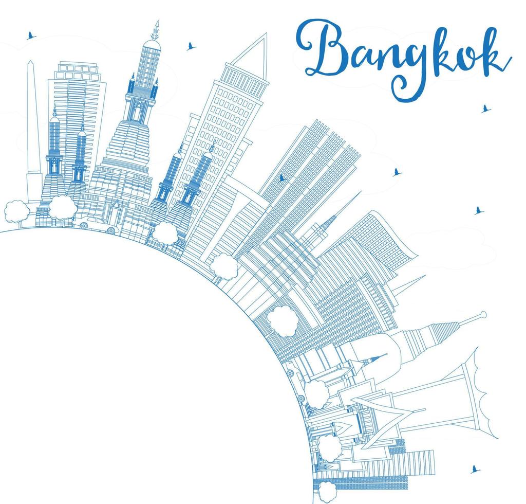 Outline Bangkok Skyline with Blue Landmarks and Copy Space. vector