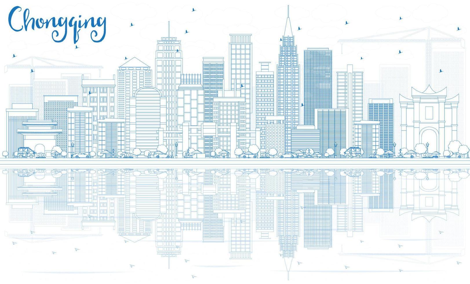 Outline Chongqing Skyline with Blue Buildings and Reflections. vector