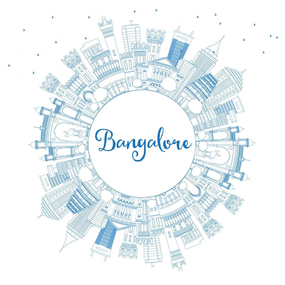 Outline Bangalore Skyline with Blue Buildings and Copy Space. vector