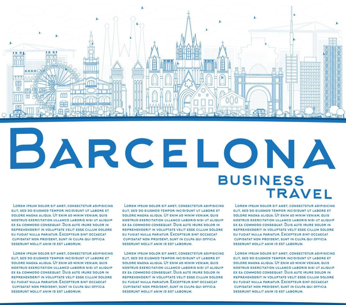 Outline Barcelona Skyline with Blue Buildings and Copy Space. vector